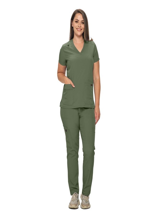 MONARCH UNIFORMS أطقم ملابس طبية من مونارك يونيفورمز، متوفرة بمقاسات عادية وصغيرة، مصنوعة من قماش مطاطي للنساء، تتكون من بلوزة وبنطال طبيين - لون زيتوني - مقاس كبير جدًا (XL) - Image 2